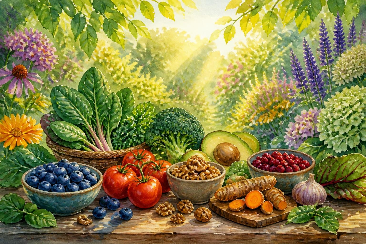 A garden scene with fresh fruits, vegetables, and flowers arranged on a wooden table under soft sunlight.