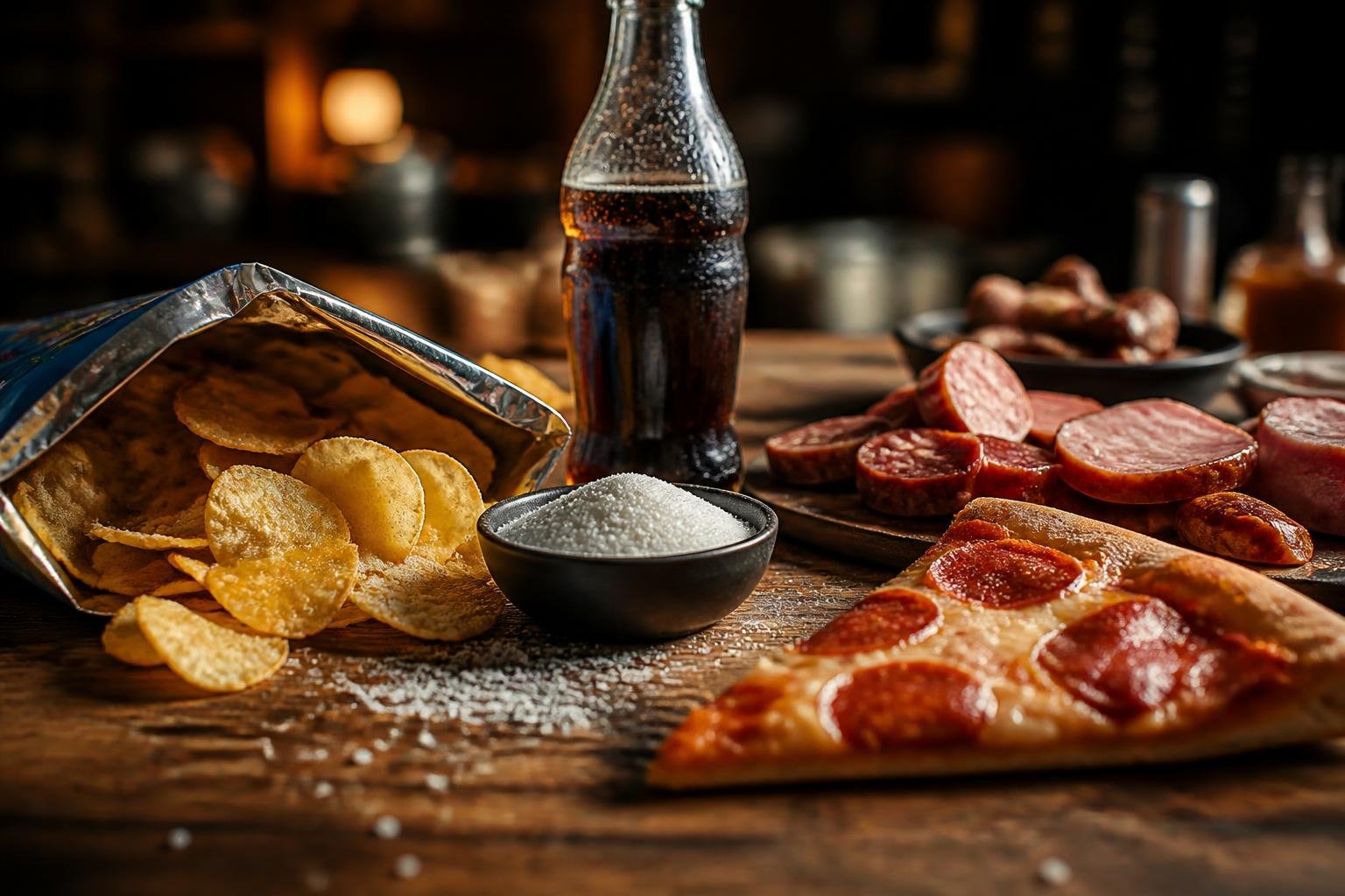 A rustic wooden table with processed foods including potato chips, pepperoni pizza, refined sugar, soda, and sliced sausages arranged in a natural setting.