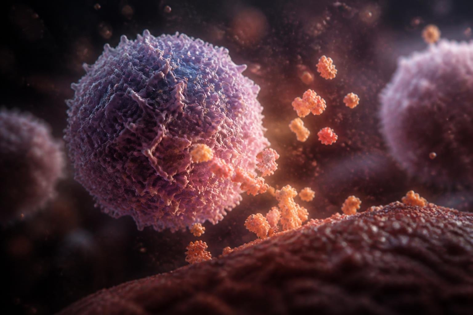 Close-up view of immune cells and inflammatory molecules interacting at a microscopic level against a dark biological background.