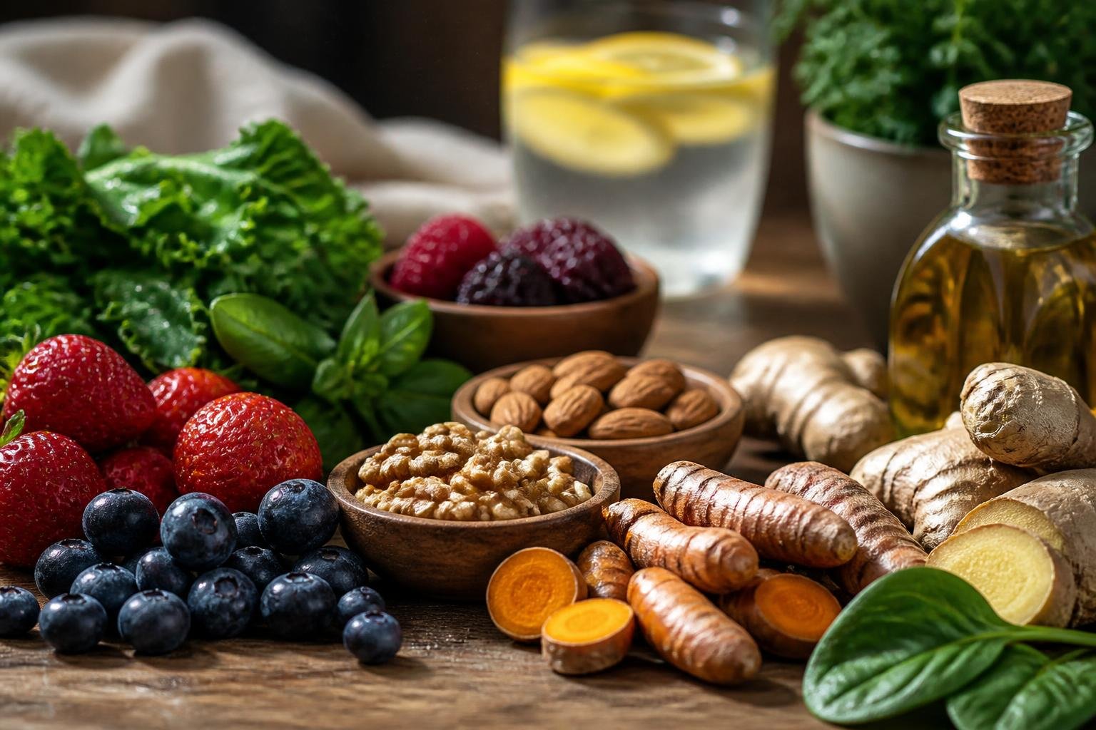 Close-up of fresh anti-inflammatory foods including berries, leafy greens, turmeric, ginger, and nuts arranged on a wooden table with a glass of lemon water and a small plant in the background.