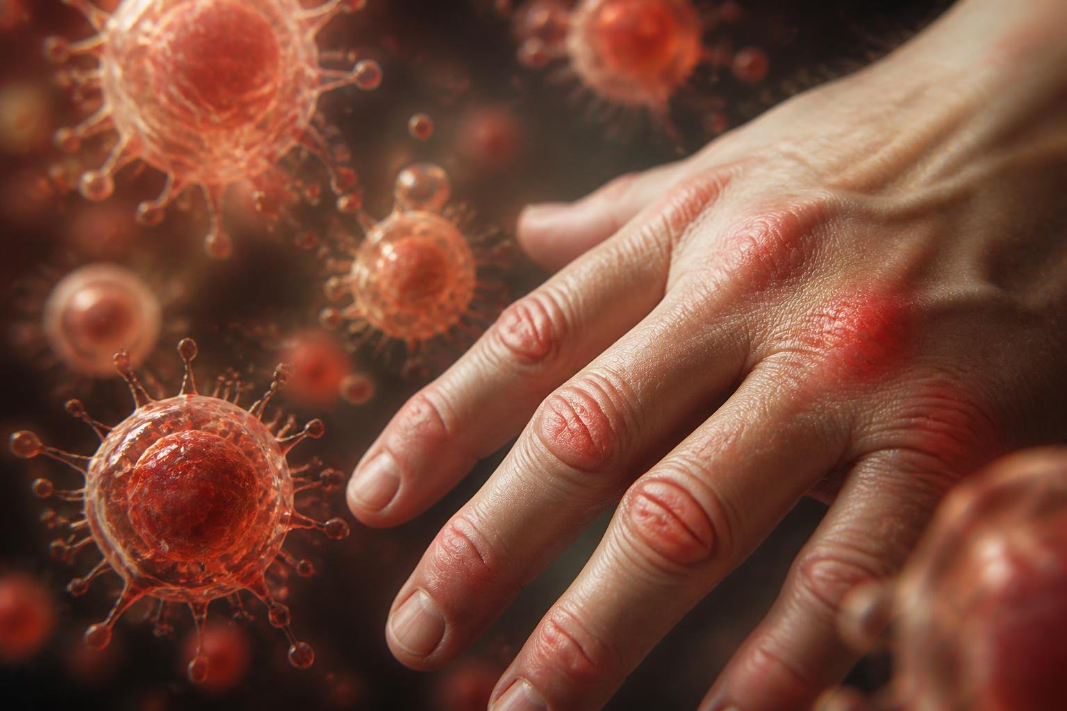 Close-up of a human hand showing redness and swelling around the joints, surrounded by glowing cellular shapes representing inflammation.