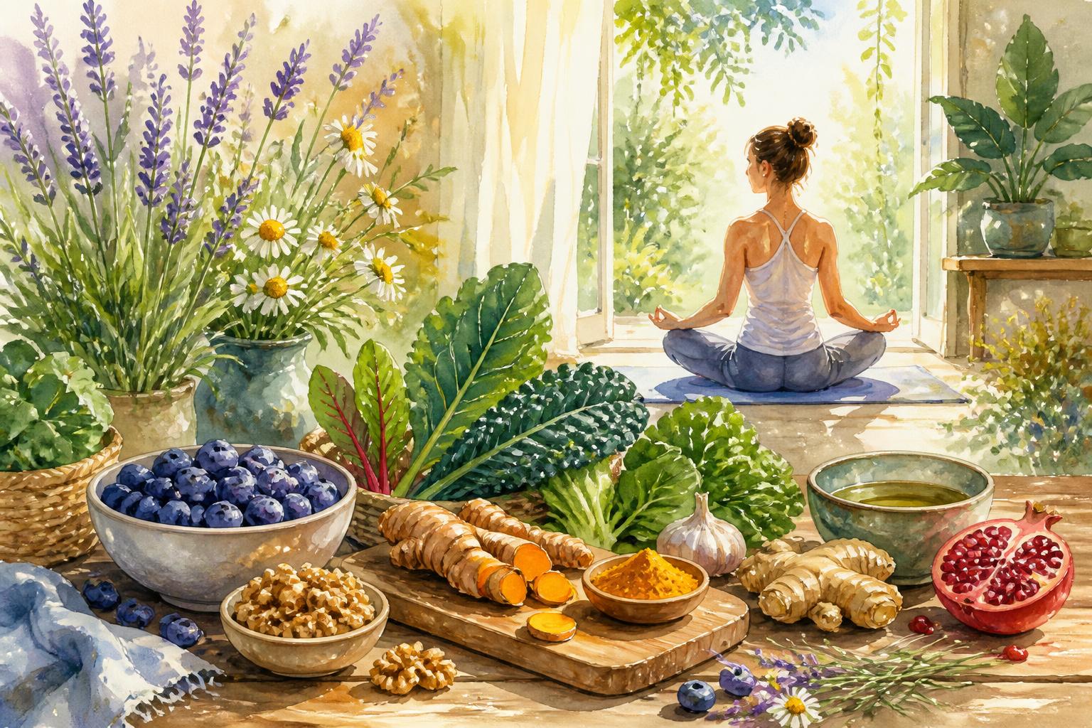 A peaceful garden scene with fresh fruits, vegetables, herbs on a wooden table, and a person practicing mindfulness by a sunlit window.