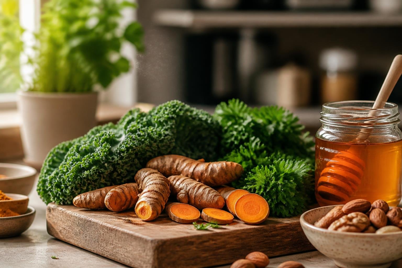 A close-up of fresh turmeric, green herbs, honey, and nuts arranged on a wooden cutting board in a softly lit kitchen.