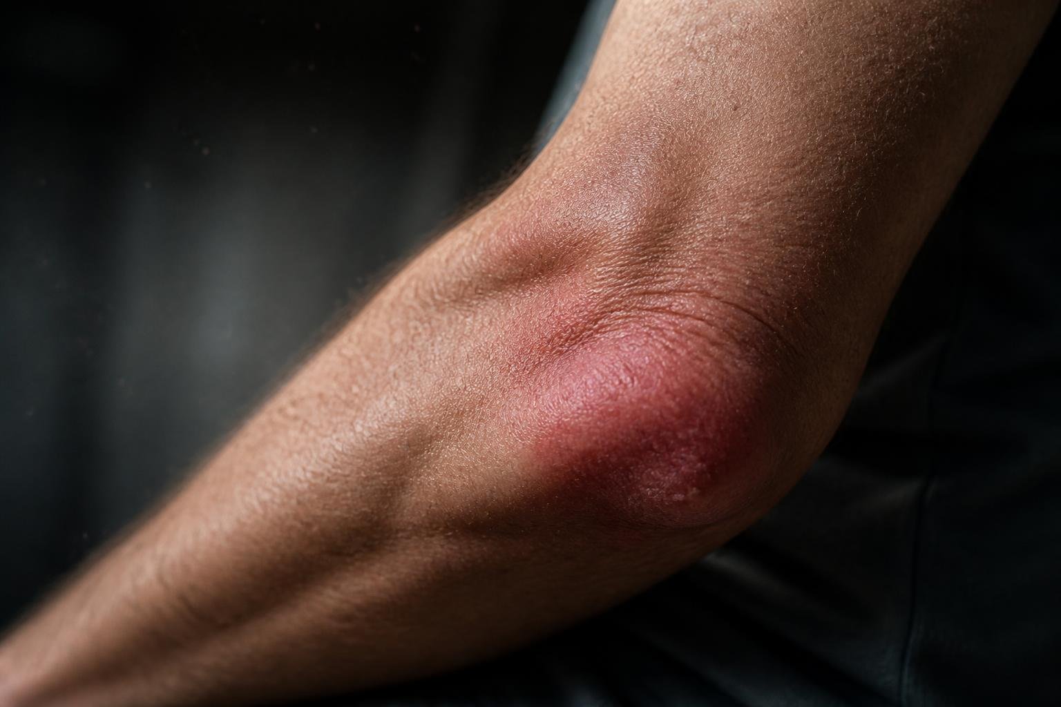 Close-up of a human arm showing redness and swelling around the joint area, indicating inflammation.