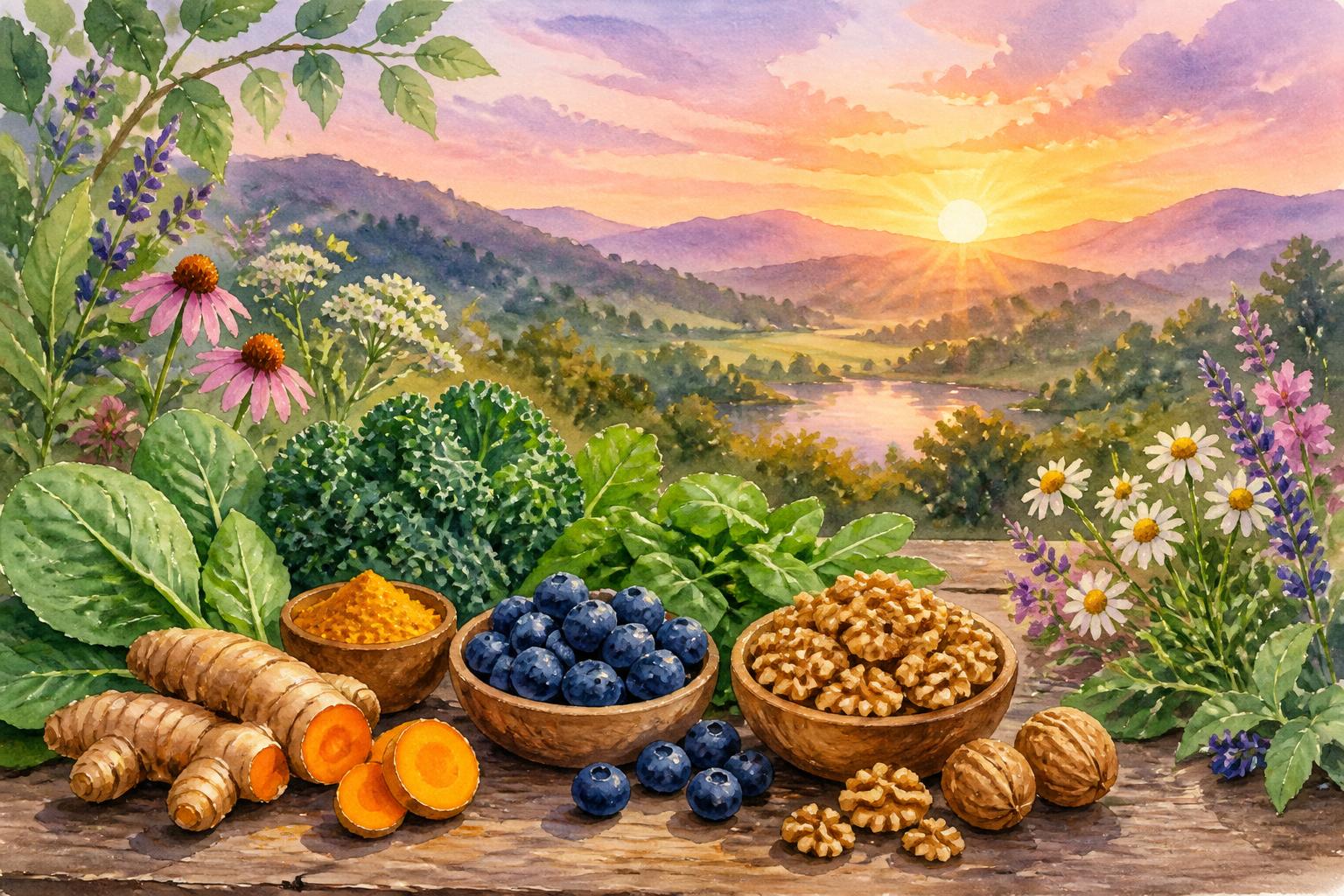 A peaceful natural scene with colorful anti-inflammatory foods on a wooden table, surrounded by greenery and flowers, with a sunrise over rolling hills in the background.