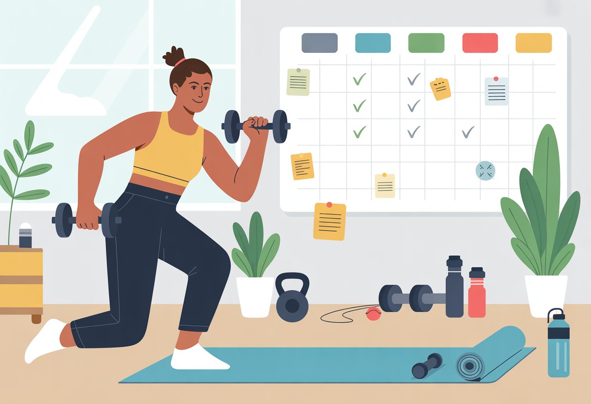 A person exercising in a bright home workout space with fitness equipment and a wall planner showing a workout schedule.