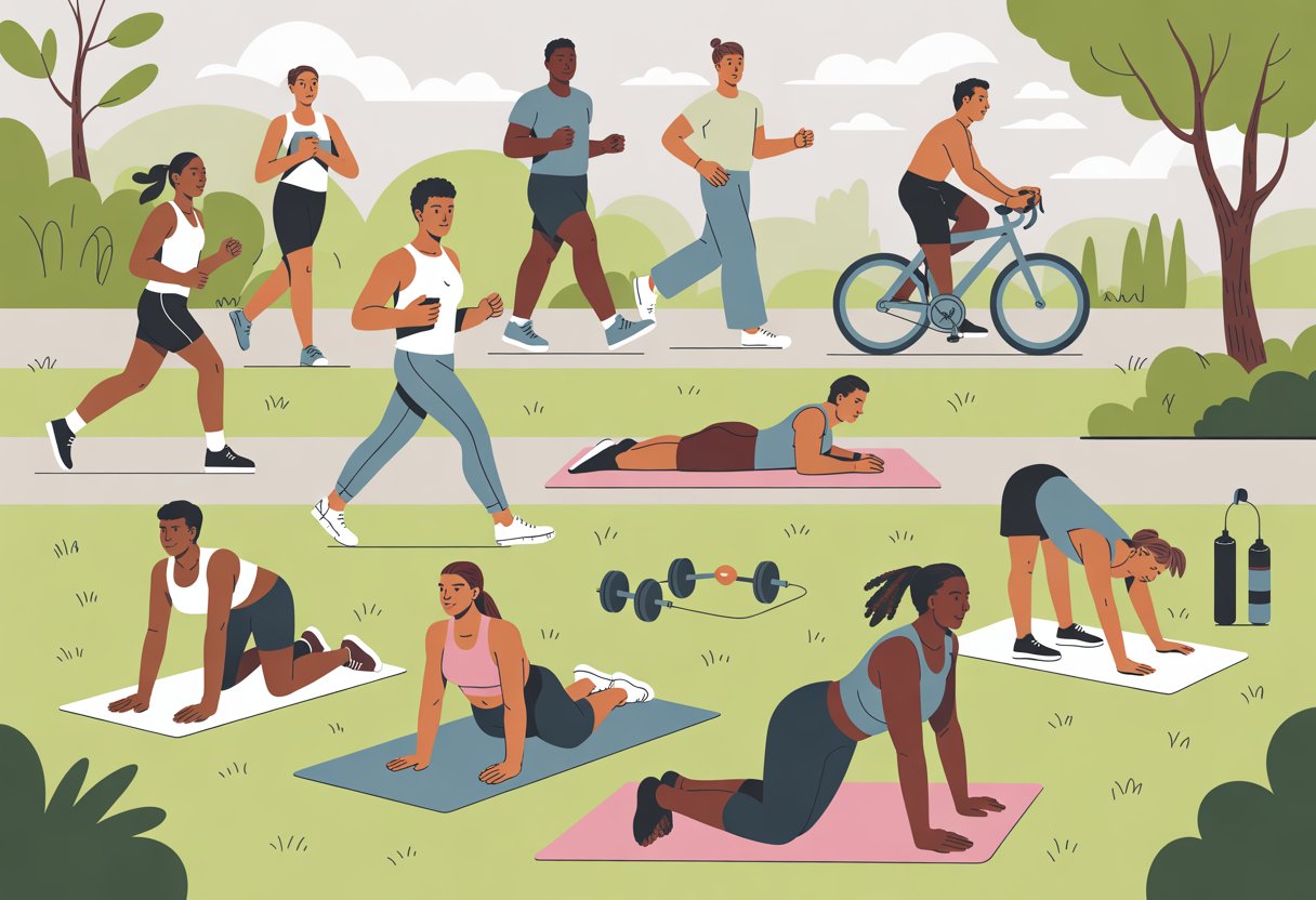 People of different ages and backgrounds exercising outdoors by jogging, cycling, doing yoga, and stretching in a park setting.