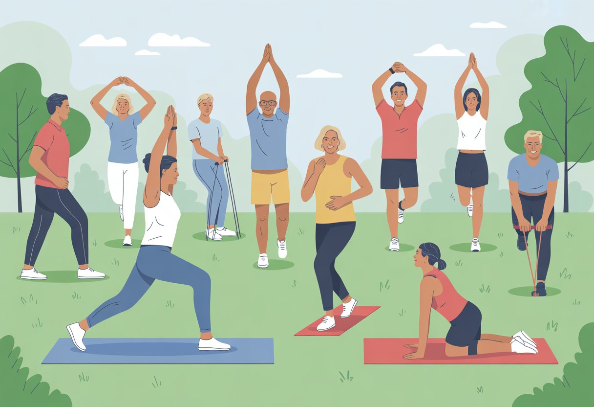 A group of middle-aged adults exercising safely outdoors in a park, doing walking, stretching, yoga, and light strength training.