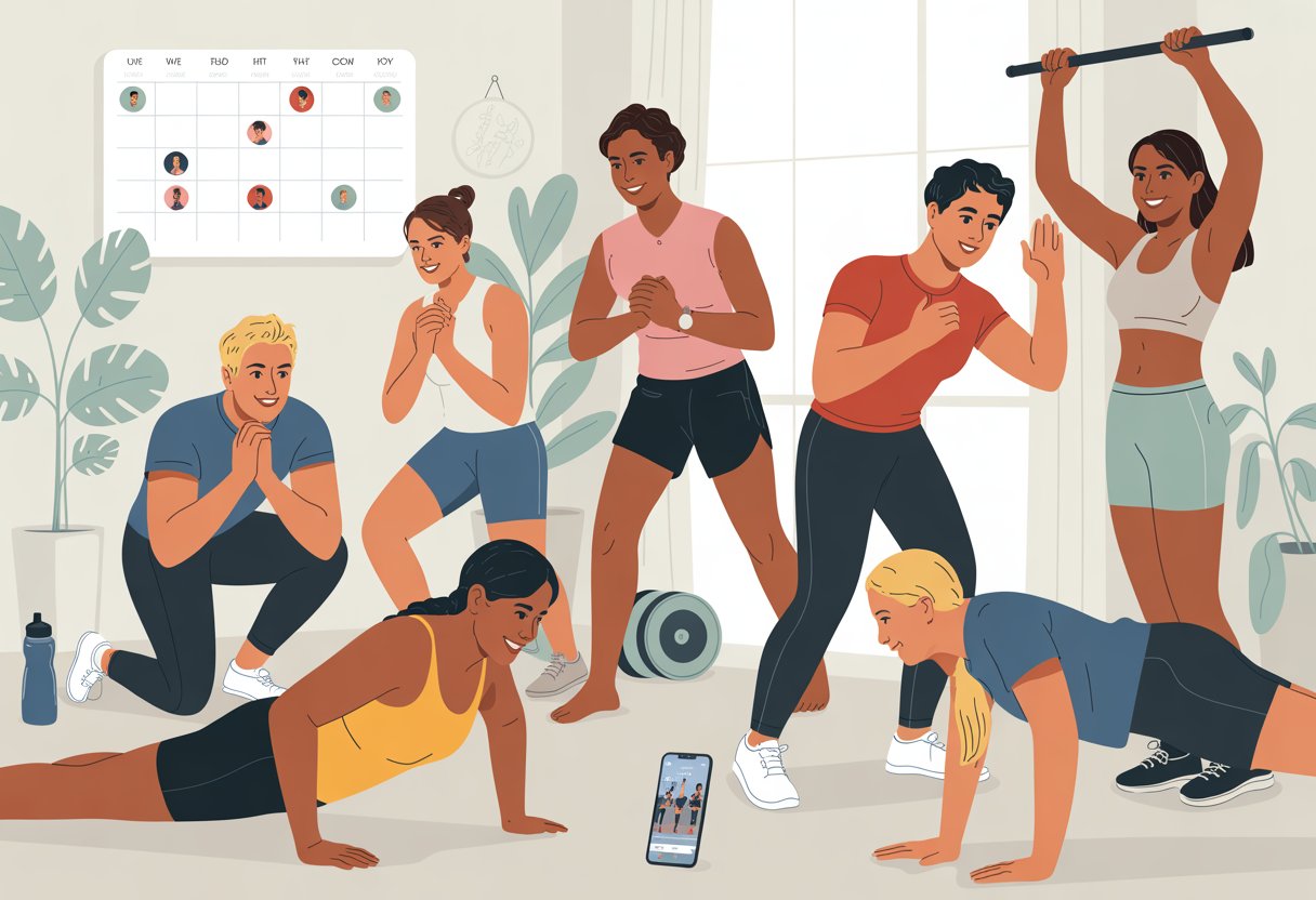 A group of people exercising at home using bodyweight workouts, with one person checking a fitness app on a smartphone.