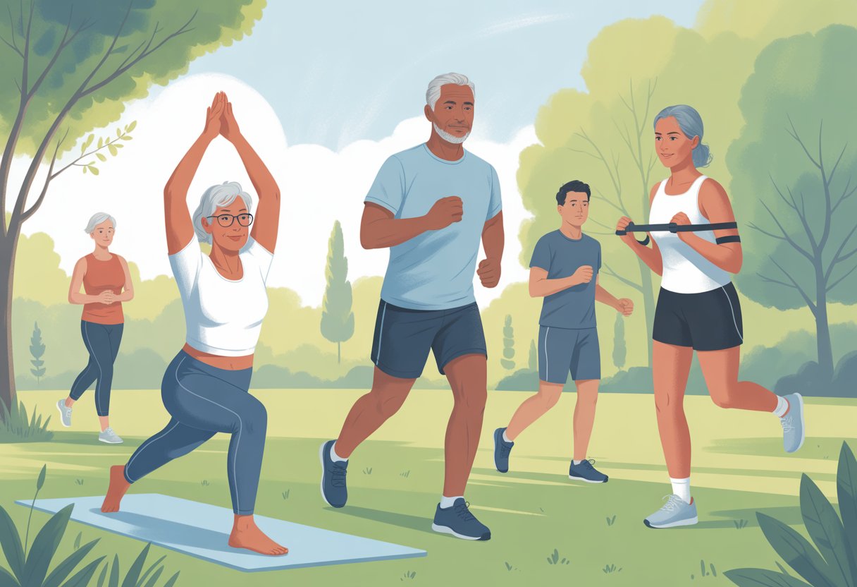 Middle-aged adults exercising safely outdoors with stretching, jogging, and resistance training in a park surrounded by trees and sunlight.