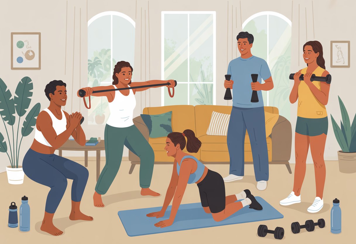 People exercising in a bright living room using simple workout equipment like mats, resistance bands, and dumbbells.