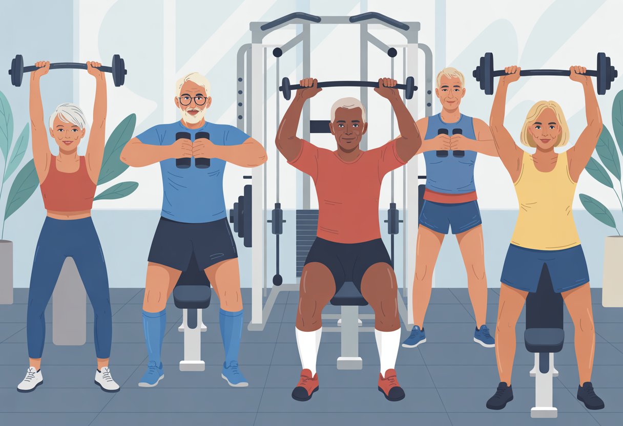 Middle-aged and older adults exercising with weights and resistance bands in a bright gym, focusing on safe strength training.