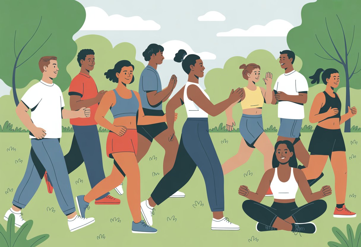 A group of diverse people exercising together outdoors in a park, walking, jogging, and doing yoga while encouraging each other.