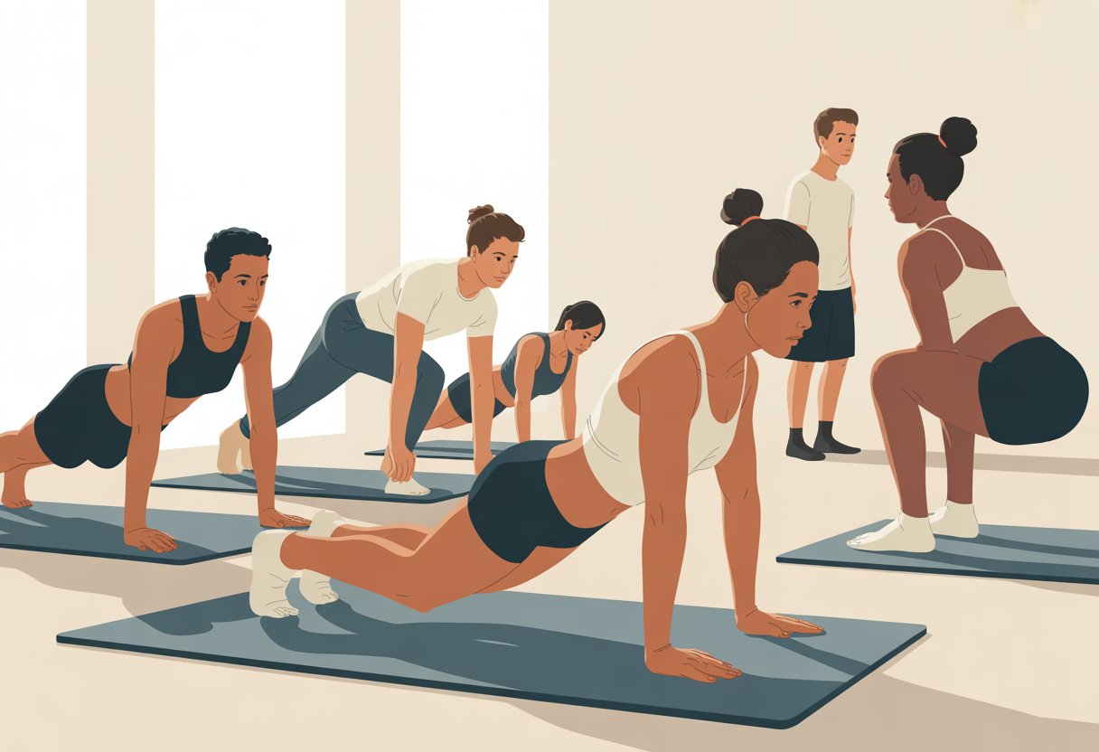 A group of people exercising indoors performing bodyweight strength exercises like push-ups, planks, squats, and lunges on mats.