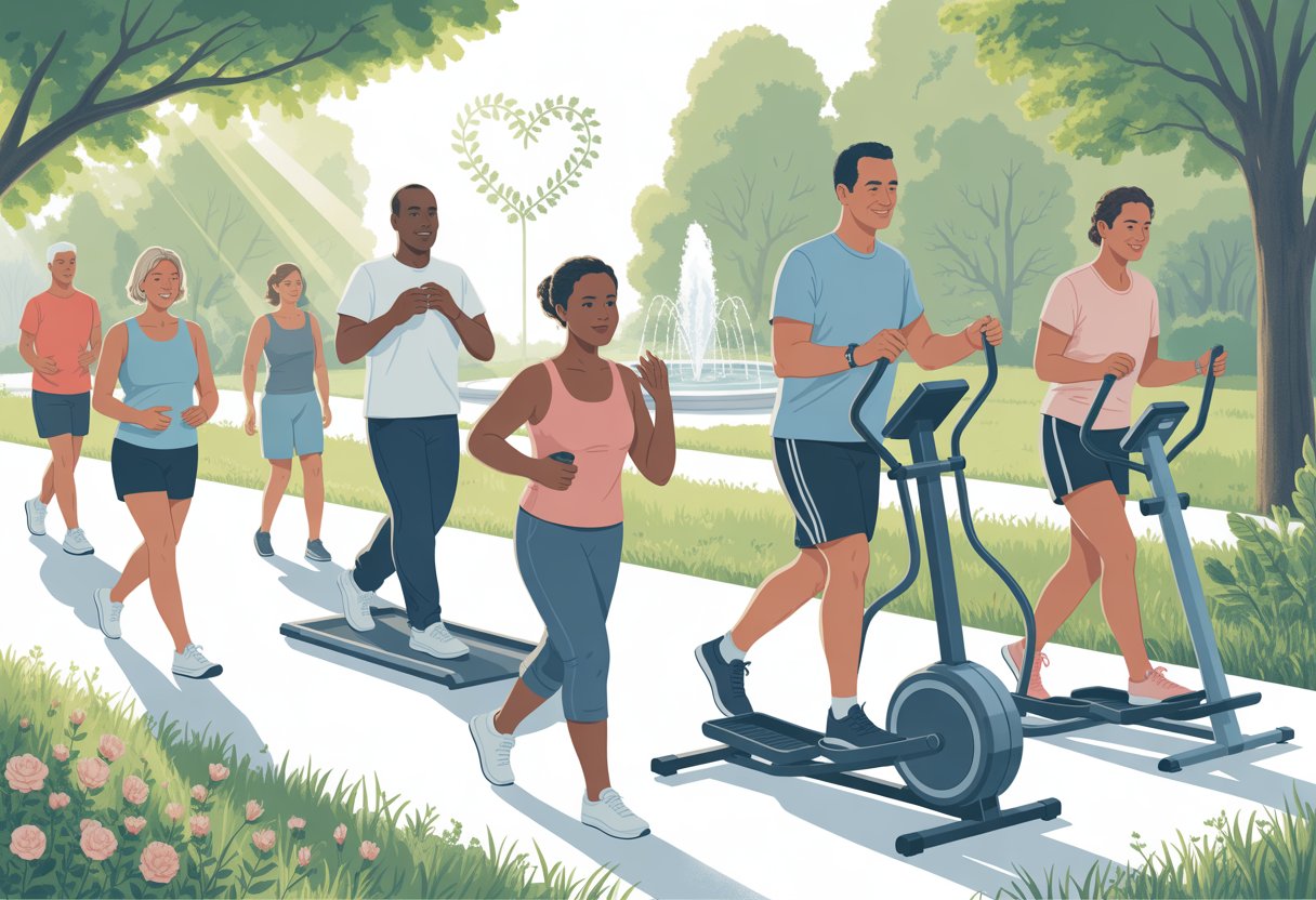 Middle-aged adults exercising gently outdoors in a park, walking, stretching, and using elliptical machines surrounded by trees and greenery.
