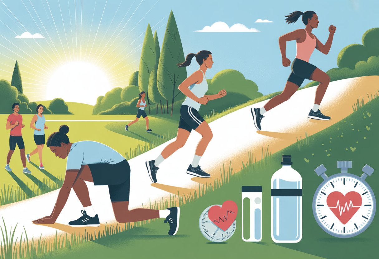 People at different stages of physical activity outdoors, starting with stretching, jogging, and running uphill, representing building endurance from the beginning.