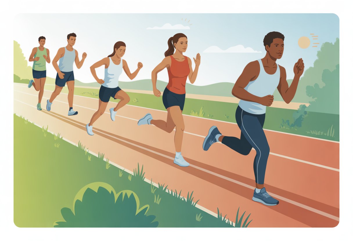 People exercising outdoors, including jogging and stretching, showing the progression of building endurance and stamina.