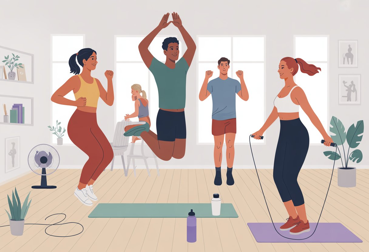 People exercising at home doing cardio workouts like jumping jacks, high knees, and jump rope in a bright room with natural light.