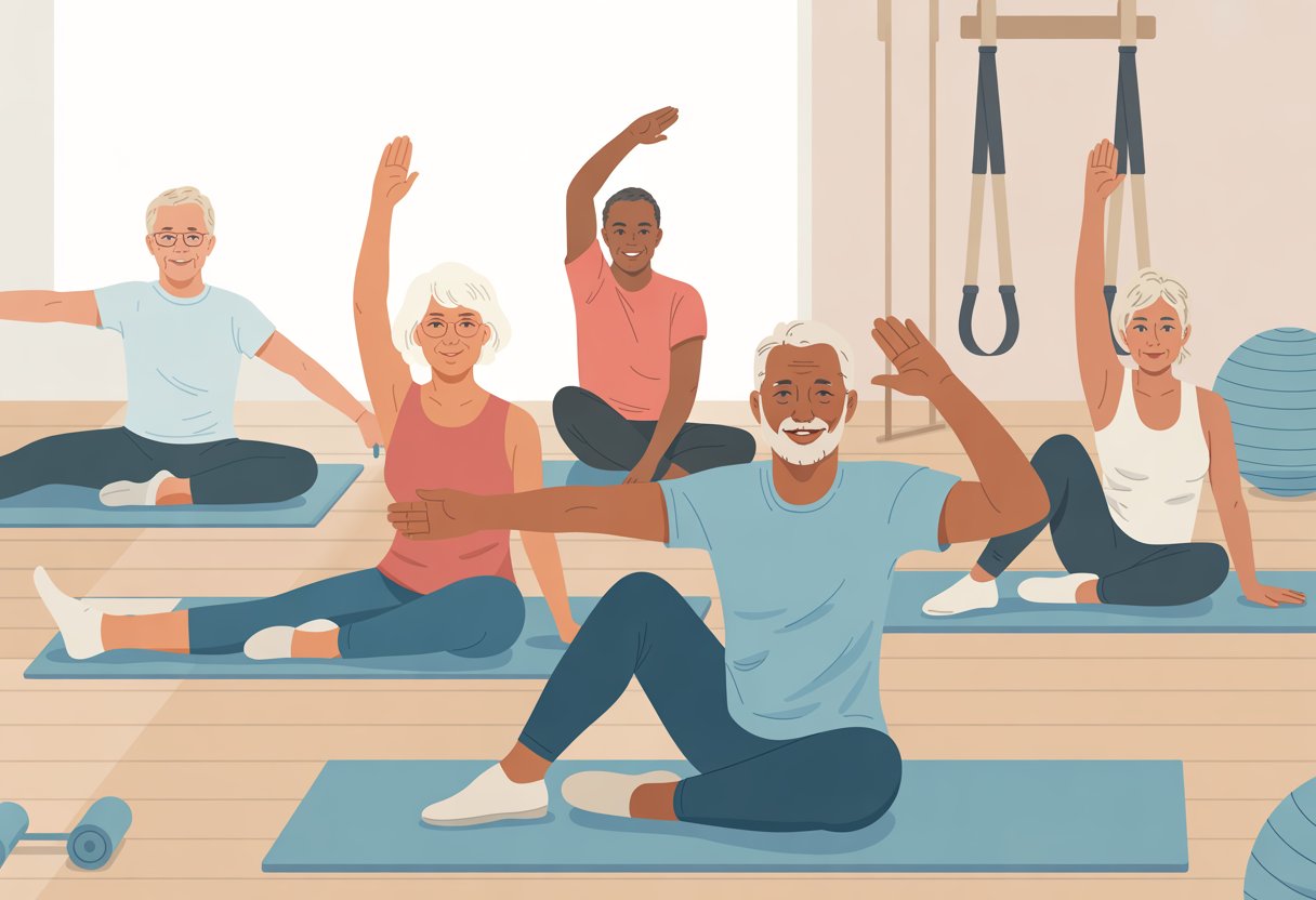 A group of adults over 40 performing gentle stretching and mobility exercises together in a bright fitness studio.
