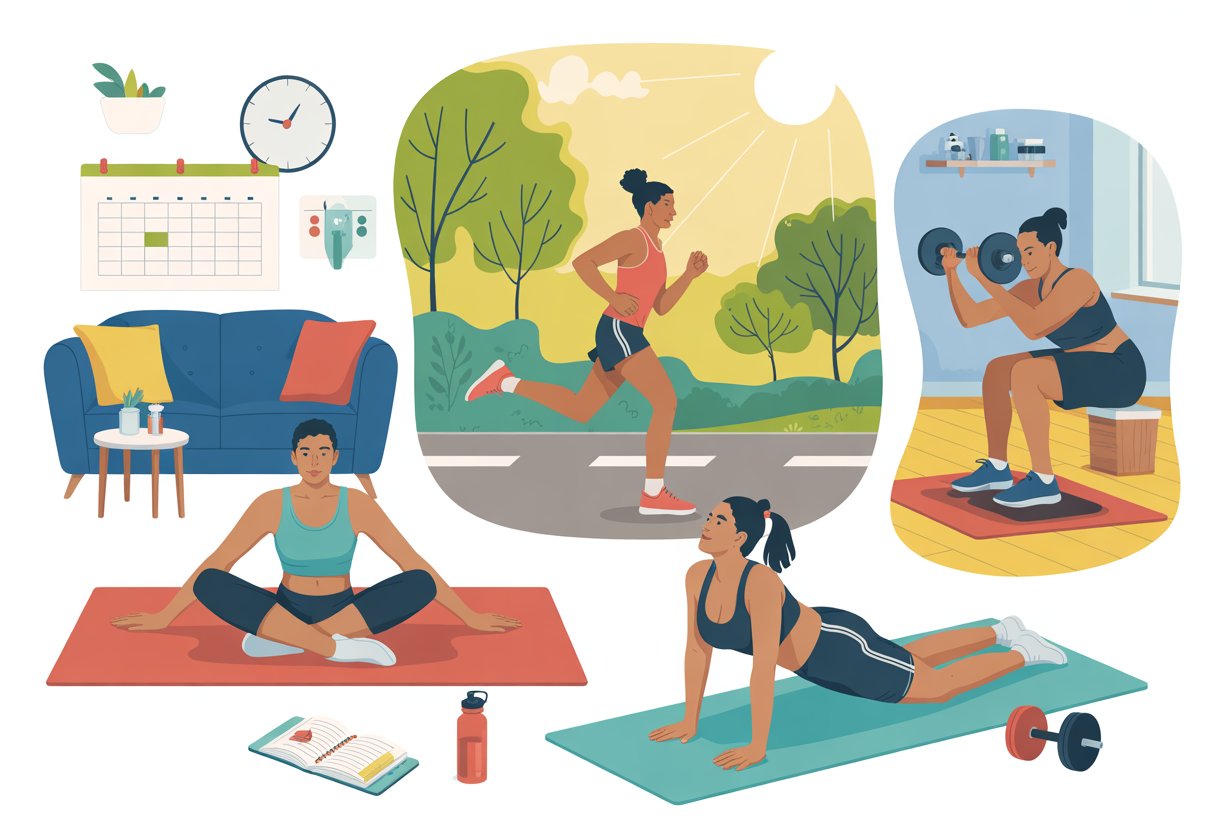 People exercising in different settings including indoors and outdoors, showing a balanced workout routine.