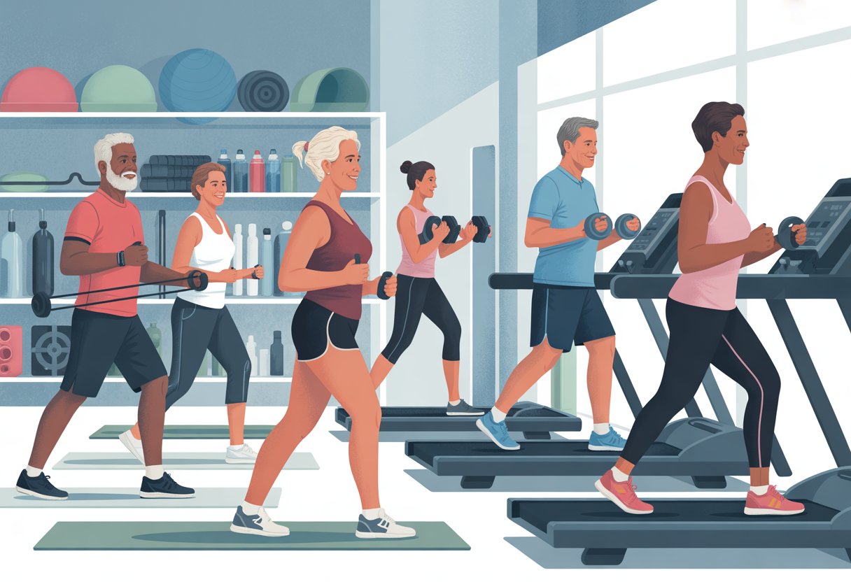 Adults over 40 exercising safely in a gym, performing stretching, resistance band exercises, light weightlifting, and walking on treadmills.