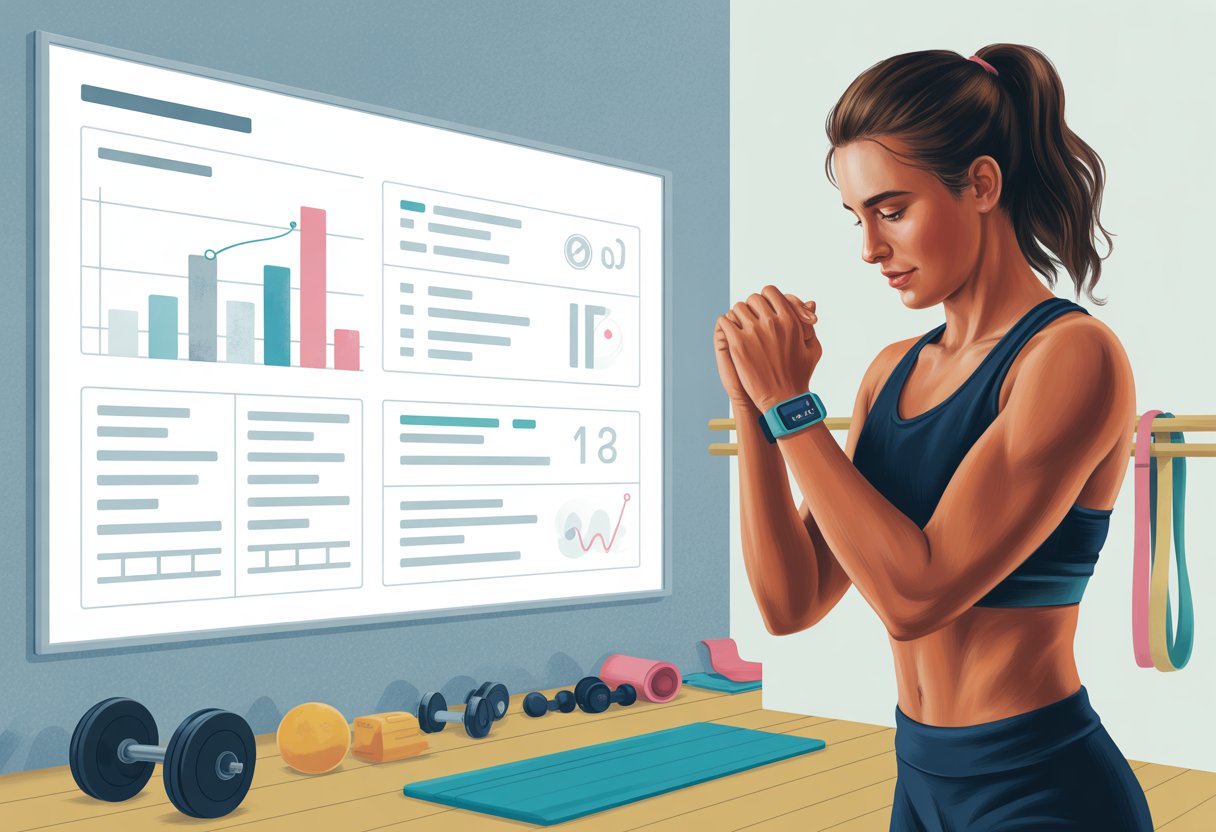 A person exercising in a gym while looking at a fitness tracker, with charts and checklists displayed nearby showing workout progress.