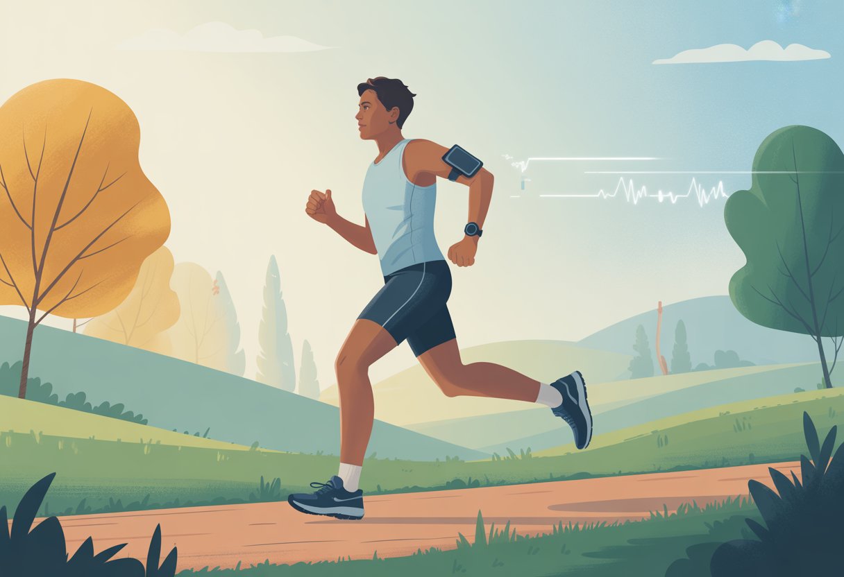 A person running on a trail surrounded by trees and hills during early morning, wearing athletic gear and a heart rate monitor.