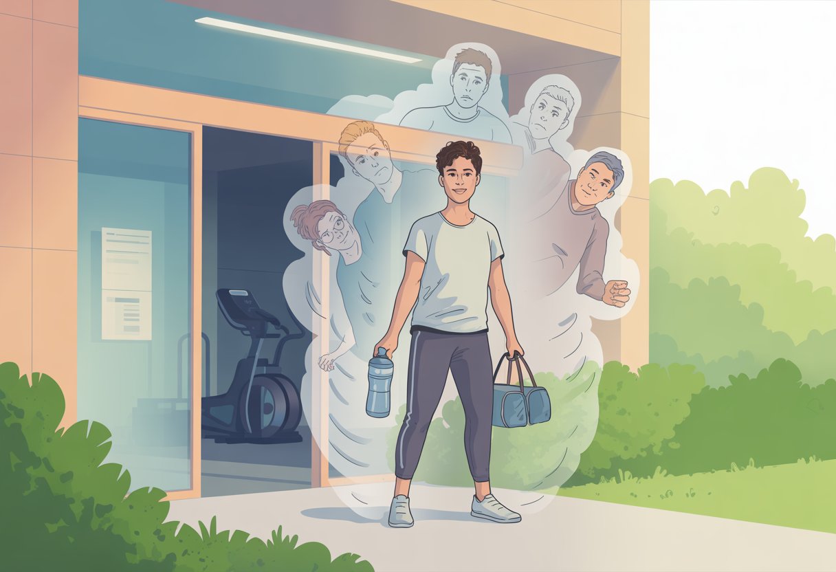 A person standing outside a gym looking determined, with fading shadows around them symbolizing overcoming negative feelings about exercising.