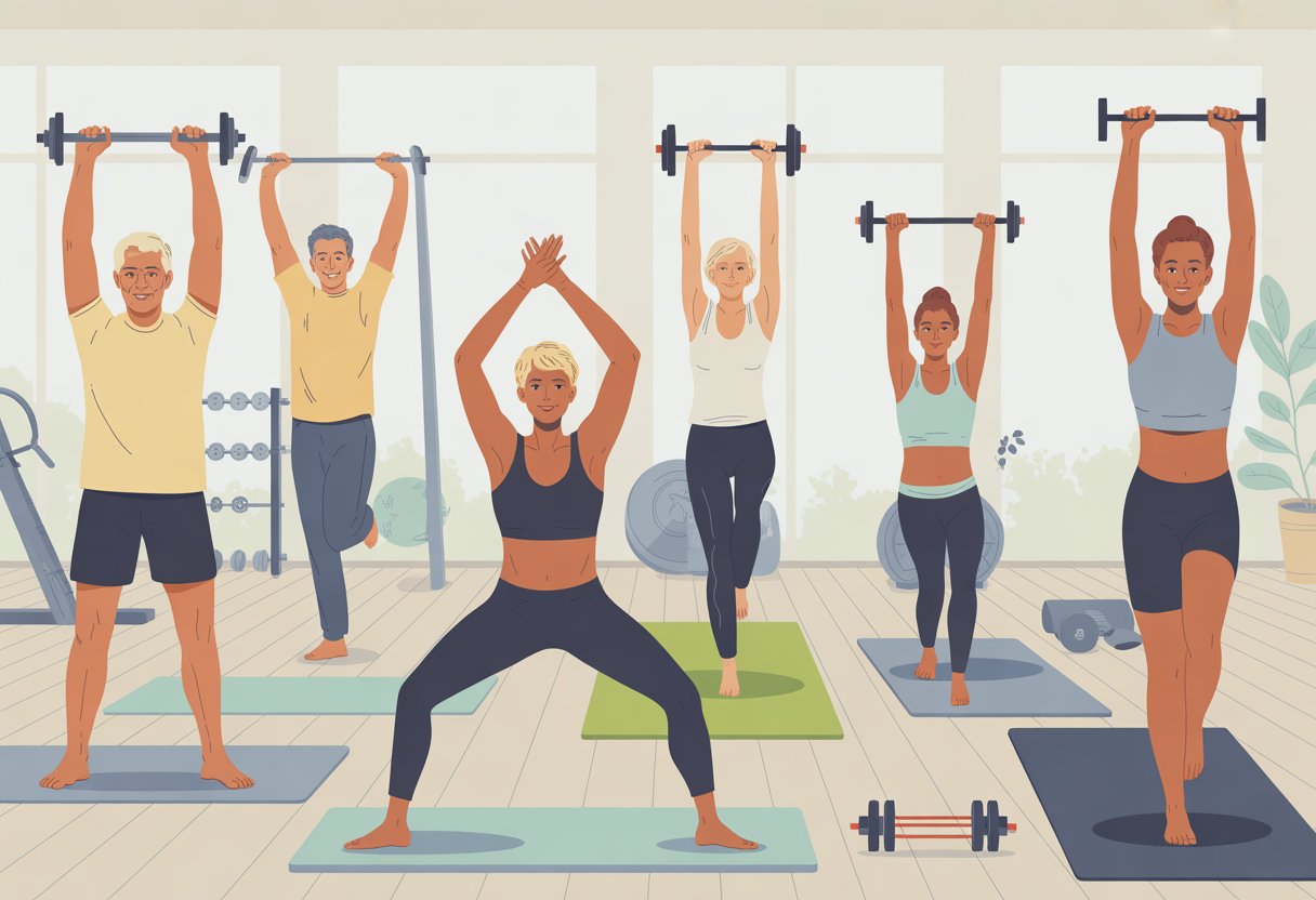 A group of middle-aged adults exercising safely with stretching, light weights, yoga, and resistance bands in a bright gym.
