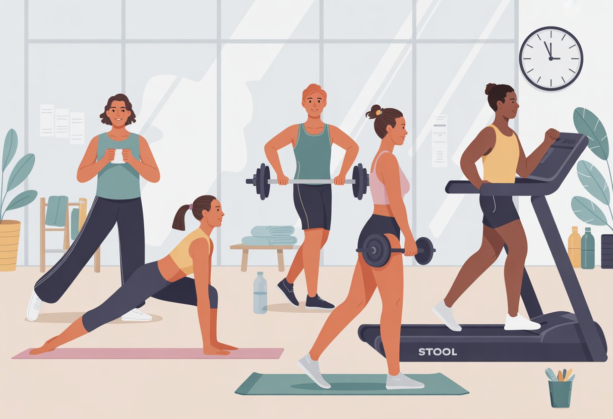 People exercising in a bright gym, stretching, lifting weights, and walking on a treadmill in a calm and welcoming environment.
