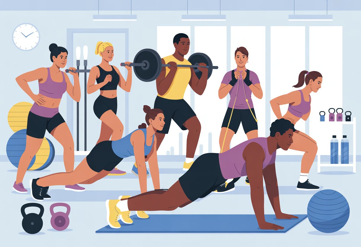 People exercising with weights and resistance bands in a gym, performing strength and stability exercises to build endurance.