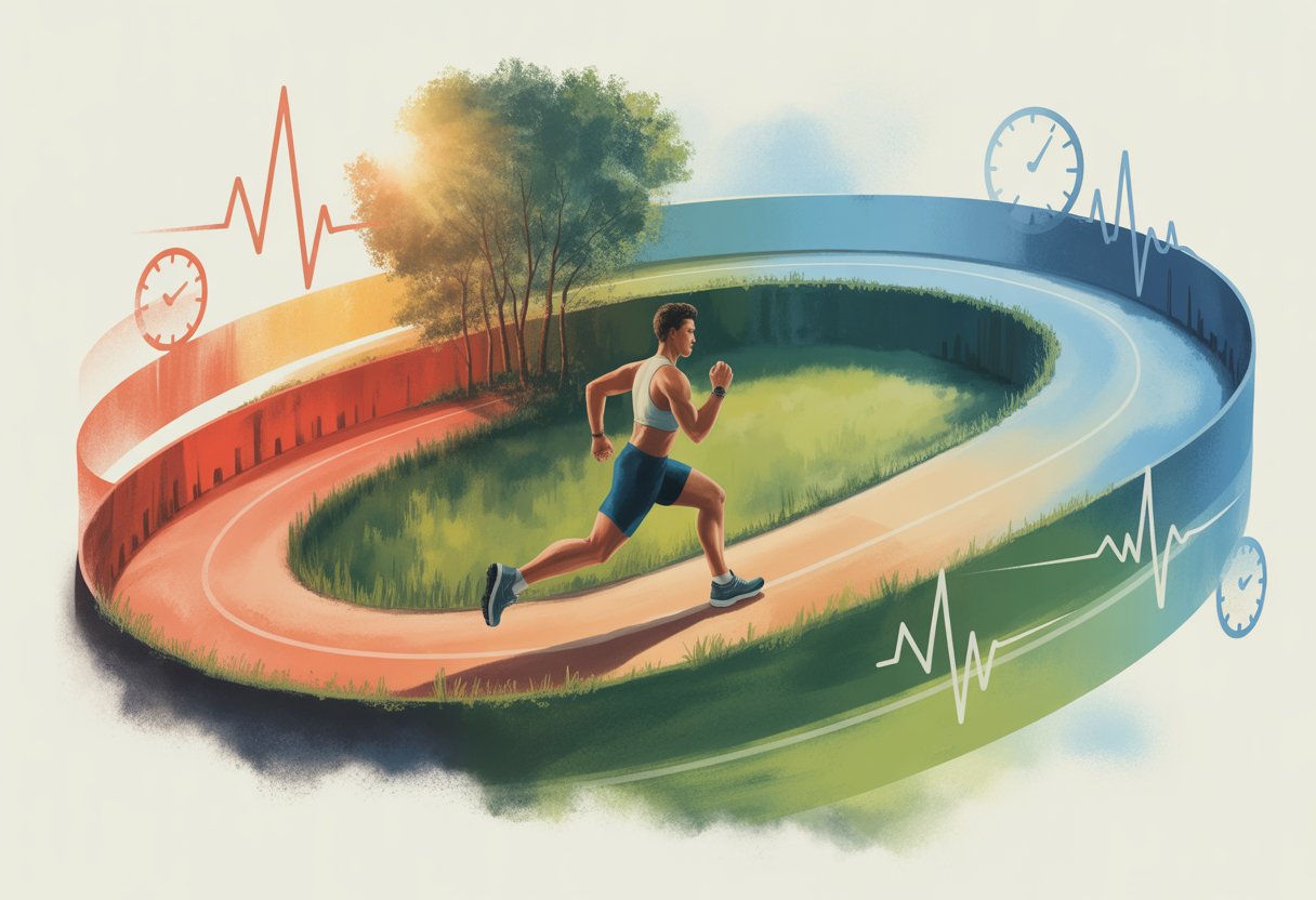 A person running on a path that transitions from energetic warm colors to calm cool colors, symbolizing balancing effort and recovery in endurance training.