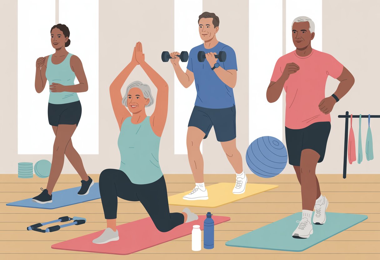 Adults over 40 exercising safely with modifications, including yoga, light weight training, and walking in a bright gym.
