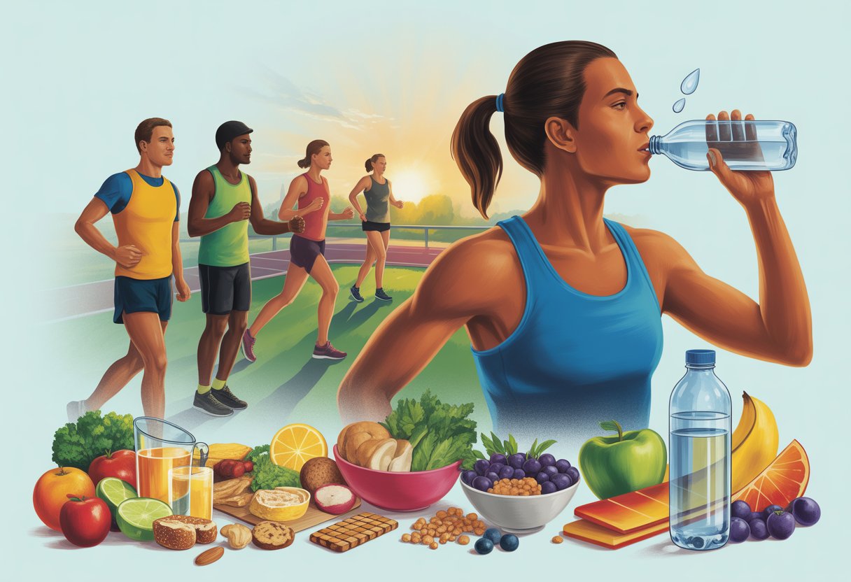 Athletes preparing for endurance training with water bottles and a table of nutritious foods including fruits, vegetables, and energy bars, set near a running track at sunrise.