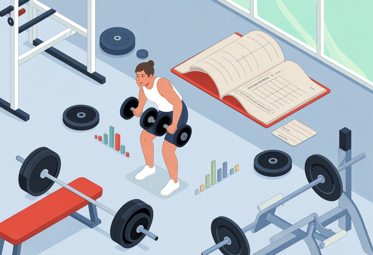 A person exercising with dumbbells in a gym, looking distracted and not tracking their workout progress, surrounded by gym equipment.