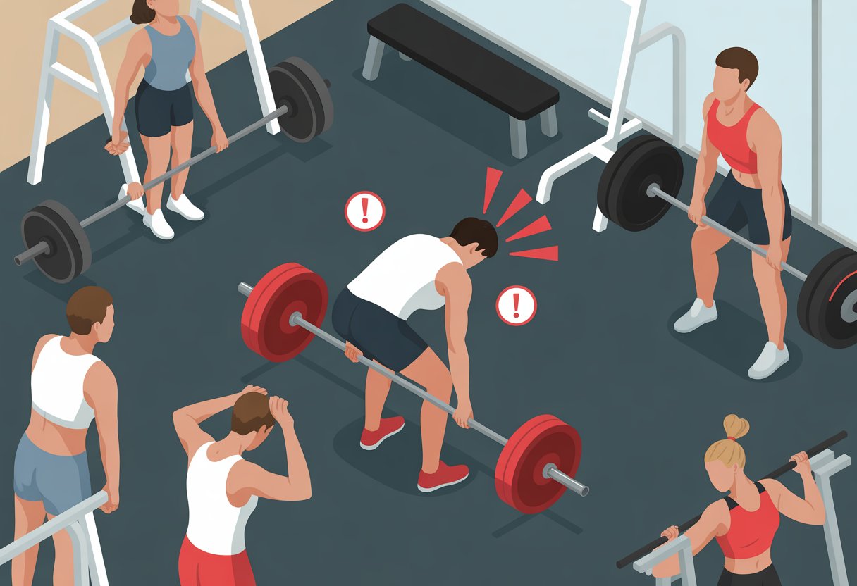 A gym scene showing a person deadlifting with a rounded back while others lift weights using correct form.