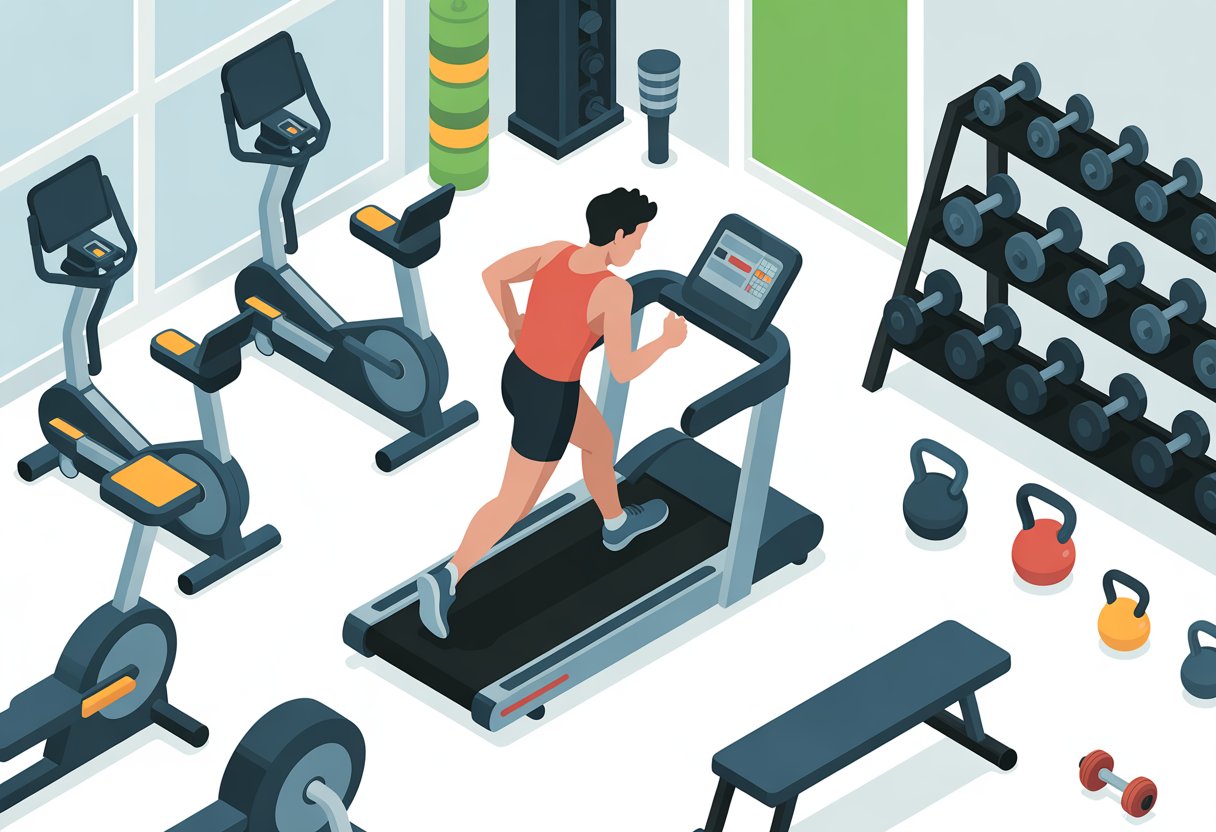 A person running on a treadmill in a gym with various unused weightlifting equipment nearby.