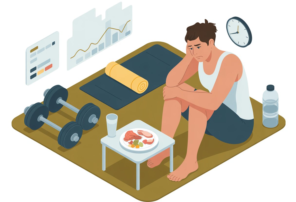 A person sitting tired on a bench in a home gym with a small plate of food nearby, looking weak and showing signs of insufficient nutrition affecting recovery.