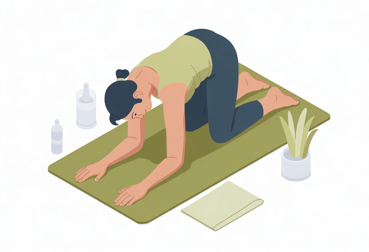 A person on all fours on a yoga mat transitioning between arching and dipping their back as part of a spinal mobilization exercise.