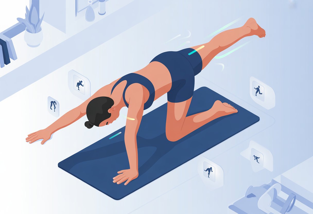 Person performing the Bird Dog exercise, balancing on one hand and opposite knee with the other arm and leg extended.