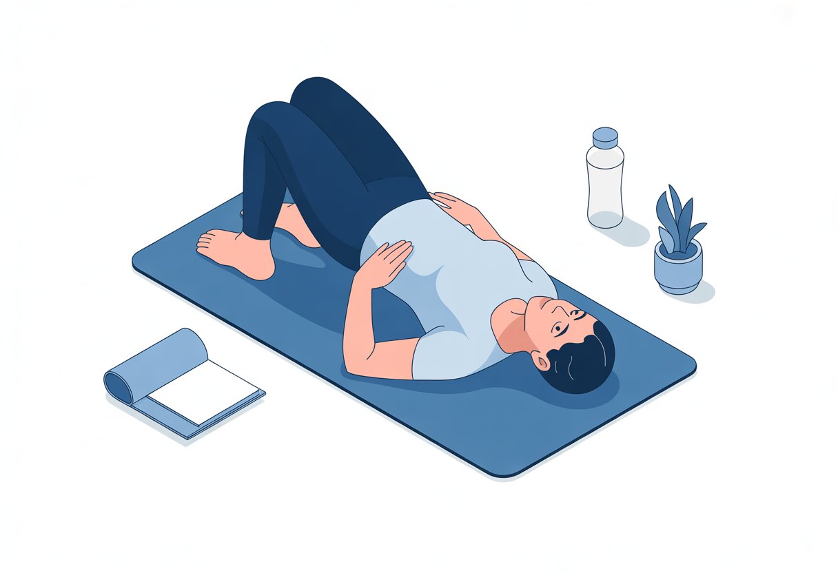 A person lying on a mat with hips lifted off the ground, performing a glute bridge exercise in a bright home workout space.