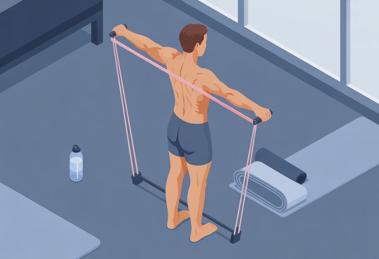 A person standing and pulling a resistance band apart with arms extended to the sides at chest height.