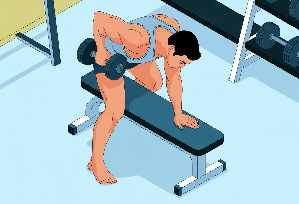 A person performing a bent-over single-arm dumbbell row exercise using a bench in a gym.