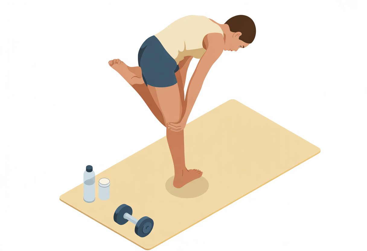 A person performing a standing hamstring stretch by reaching toward an extended foot while standing on one leg.