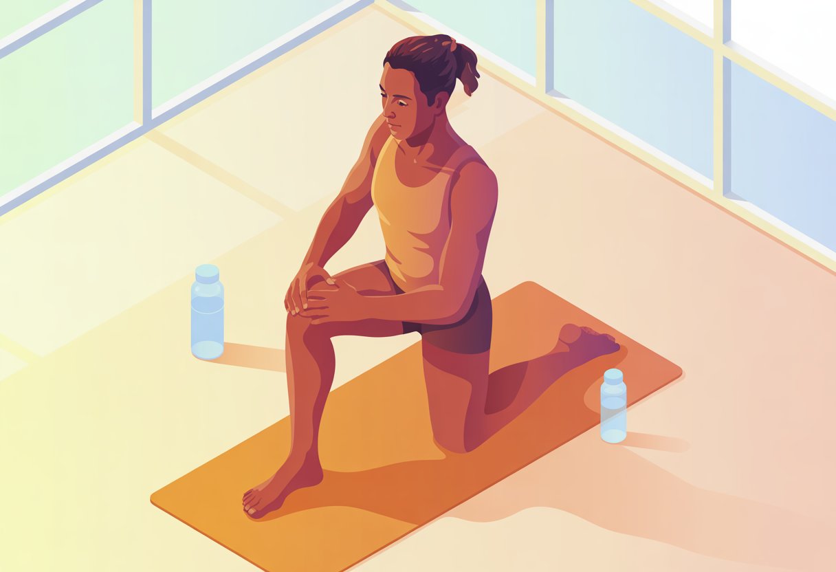 A person kneeling on one knee and stretching their hip flexor in a bright fitness studio.