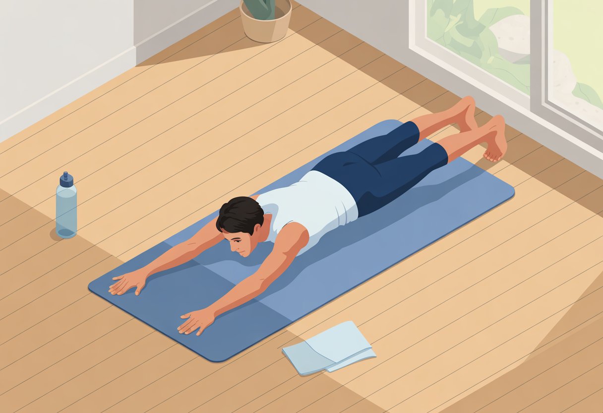 Person lying face down on a mat with arms and legs lifted off the ground, performing a back-strengthening exercise indoors.