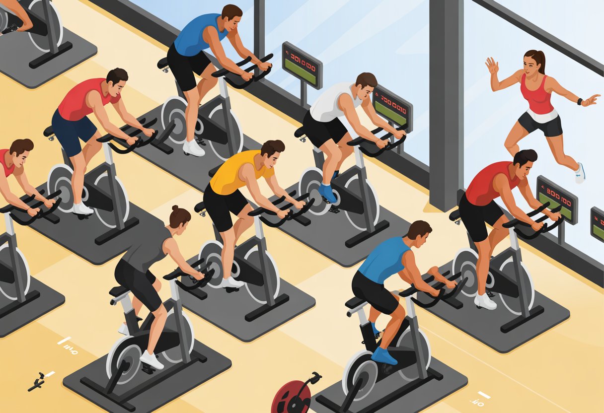 People riding stationary bikes in a bright indoor cycling studio during a high-intensity workout session with a fitness instructor guiding them.