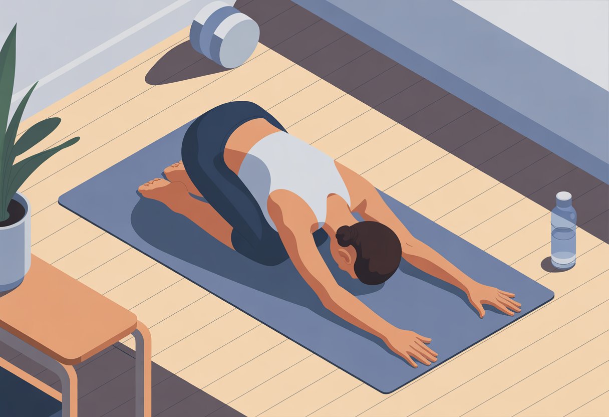 A person kneeling on a yoga mat in the Child’s Pose stretch inside a calm fitness room.