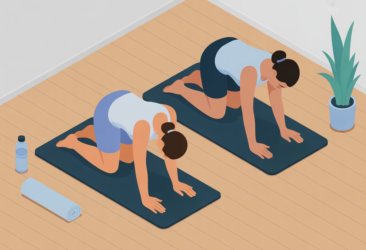 Two people on yoga mats performing the Cat-Cow spinal stretch in a fitness studio.
