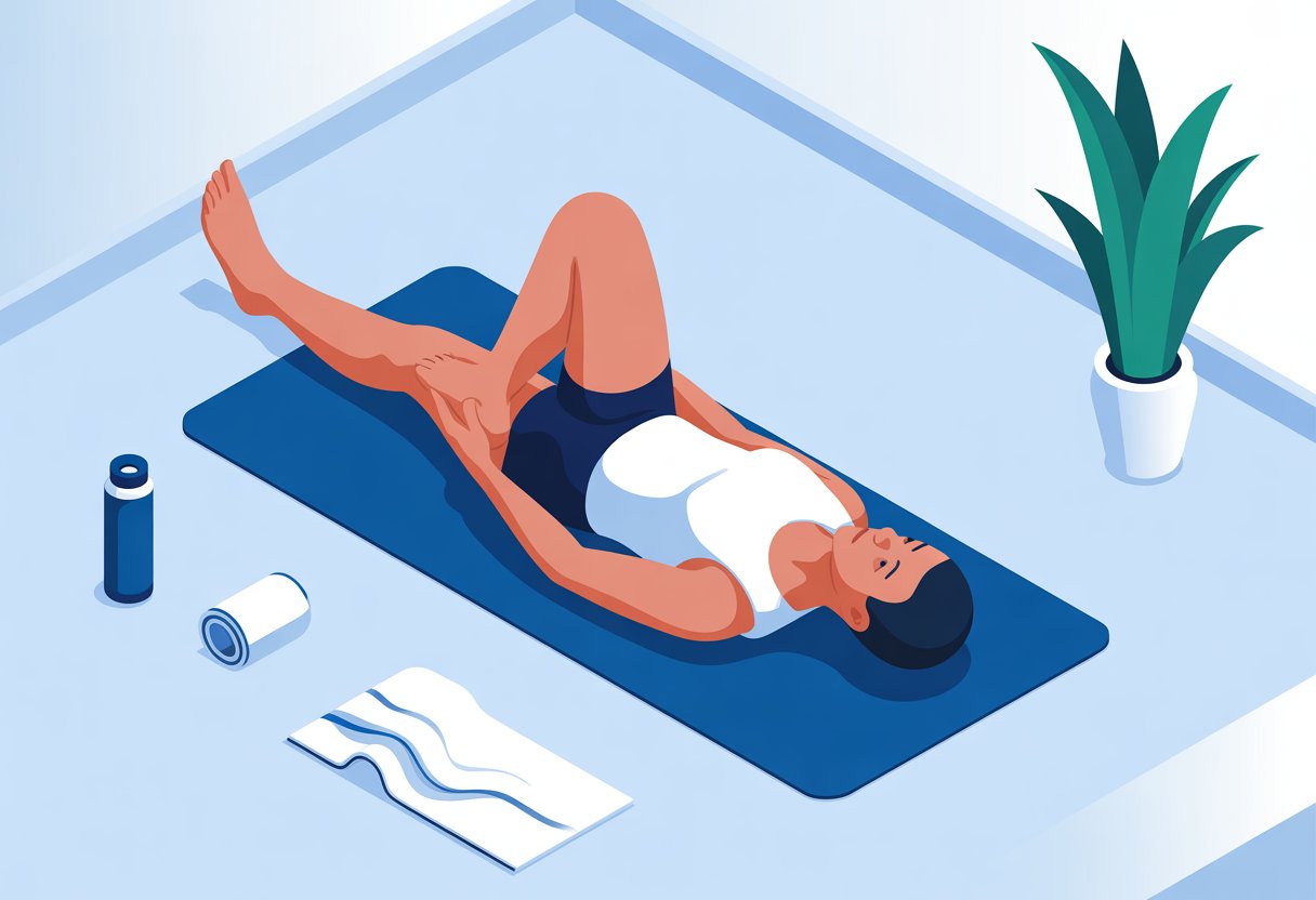 Person lying on their back performing a figure-four stretch on a yoga mat in a fitness room.